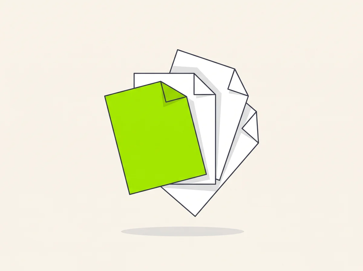 Ilustración de documentos PDF apilados con una hoja destacada en verde lima